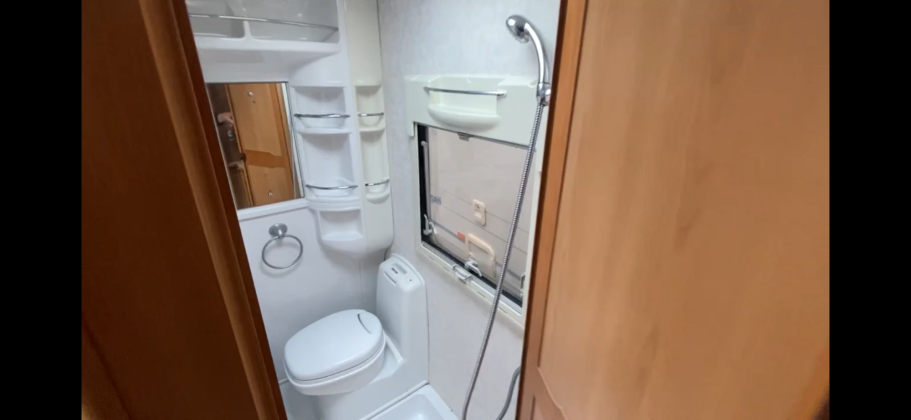 Compact bathroom with a toilet, shower, and sink. Neutral colours and minimal storage.